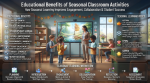 Educational Benefits of Seasonal Classroom Activities infographic showing seasonal learning benefits, classroom engagement, student collaboration, formative assessment, and interactive teaching strategies in a modern smart classroom.