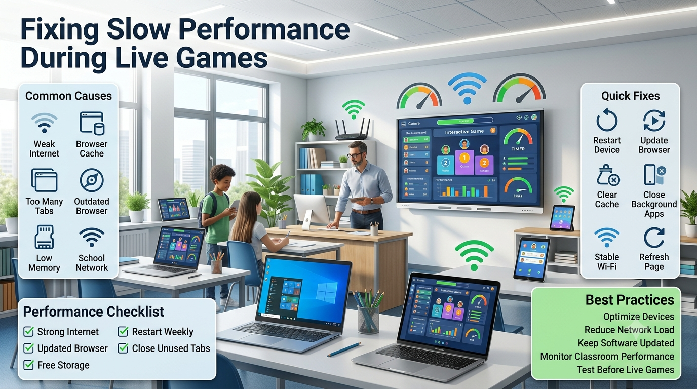 Modern classroom with laptops, Chromebooks, tablets, and smartphones displaying educational live quiz dashboards alongside infographic panels showing causes of lag, optimization tips, and network performance improvements.Fixing Slow Performance During Live Games – Classroom Network & Device Optimization Guide