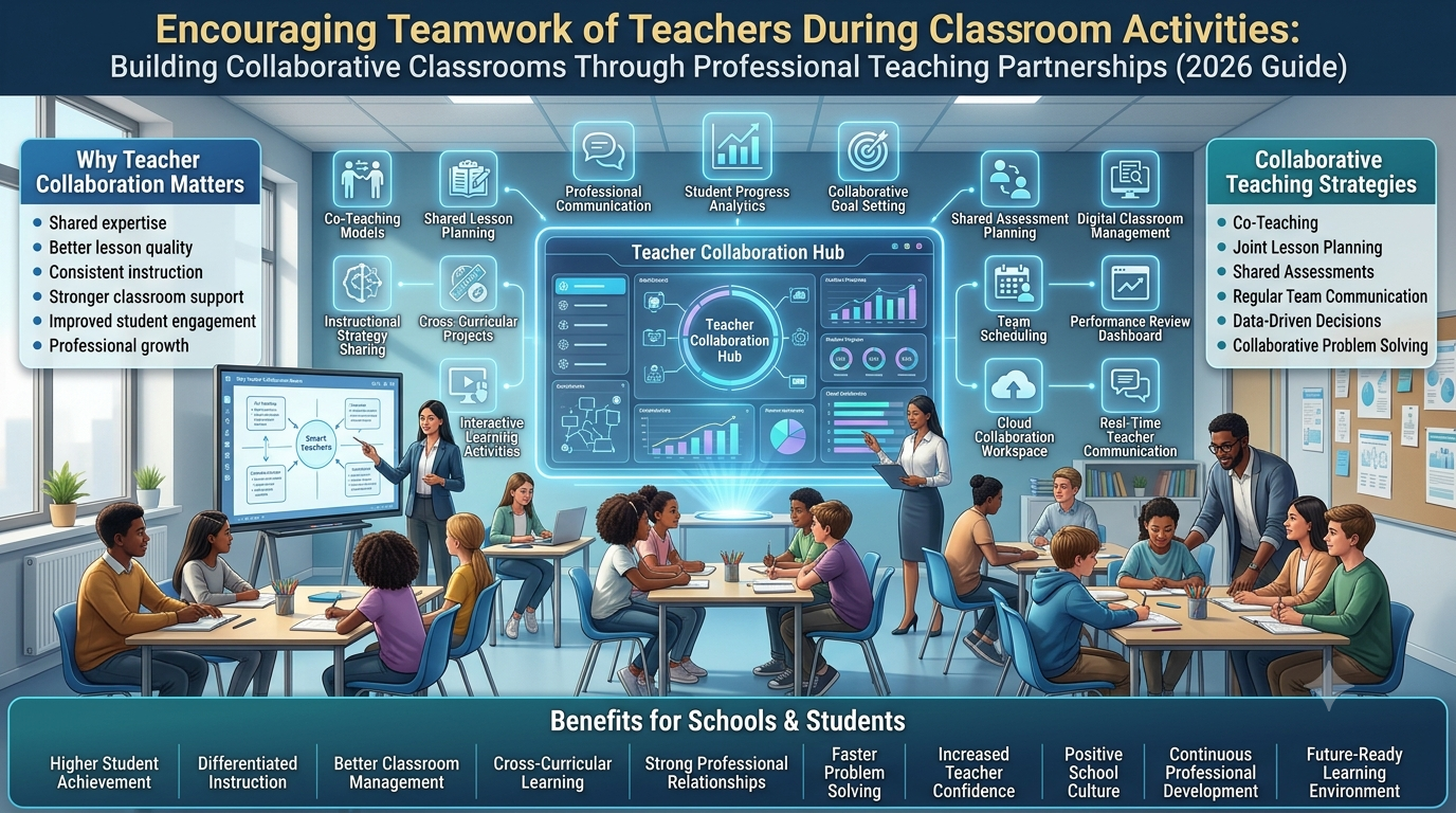 Educational infographic showing multiple teachers collaborating in a modern smart classroom with shared lesson planning, co-teaching, student progress analytics, digital classroom tools, and teamwork strategies to improve student learning outcomes.Encouraging Teamwork of Teachers During Classroom Activities: Complete Collaboration Guide (2026)