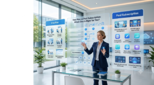 Premium 16:9 hero banner featuring a teacher comparing Free Plan and Paid Subscription through an interactive educational dashboard with classroom analytics, lesson planning tools, and subscription comparison cards.