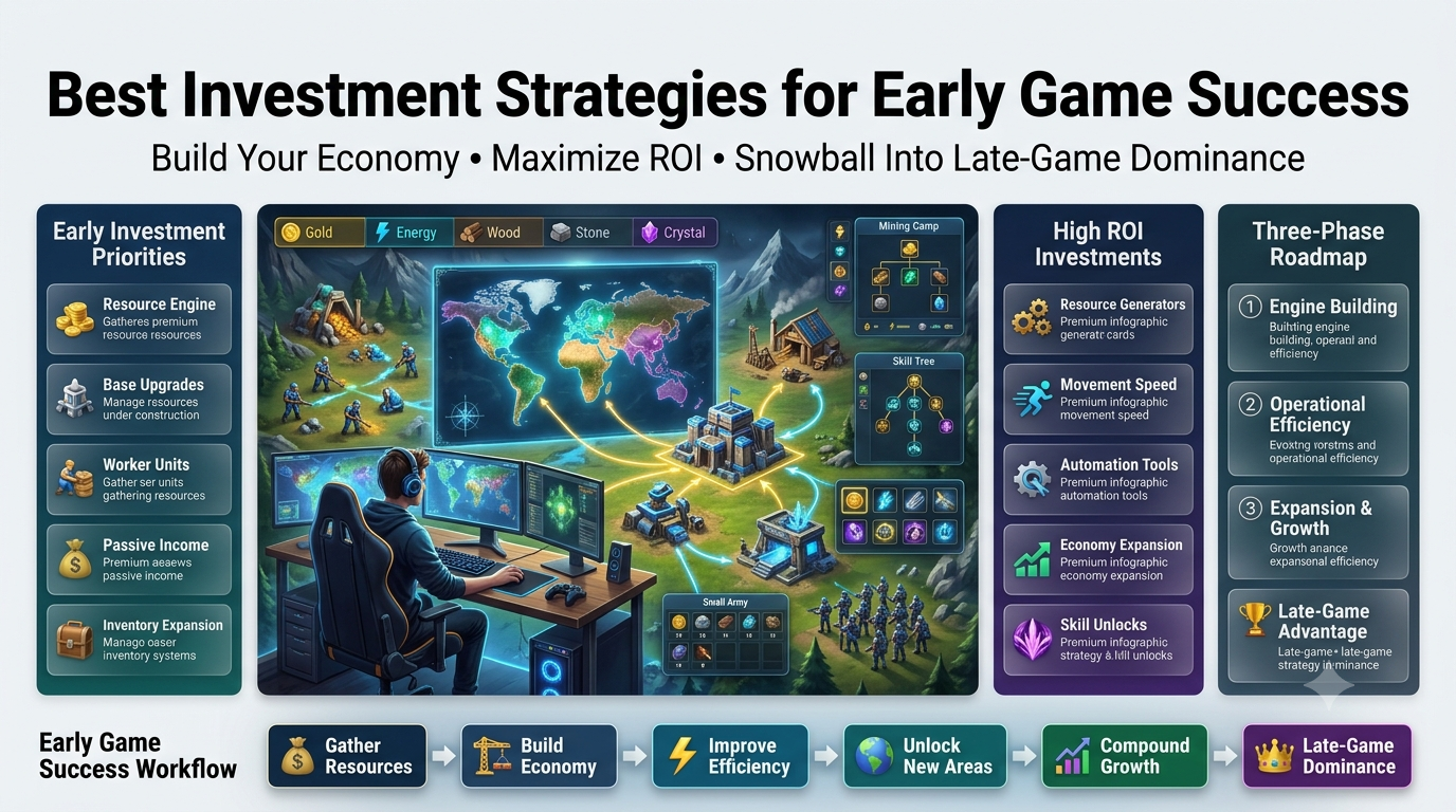 Strategic gamer planning early-game investments with resource management, base building, ROI optimization, and economy growth illustrated in a premium gaming infographic.Best Investment Strategies for Early Game Success in Strategy Games