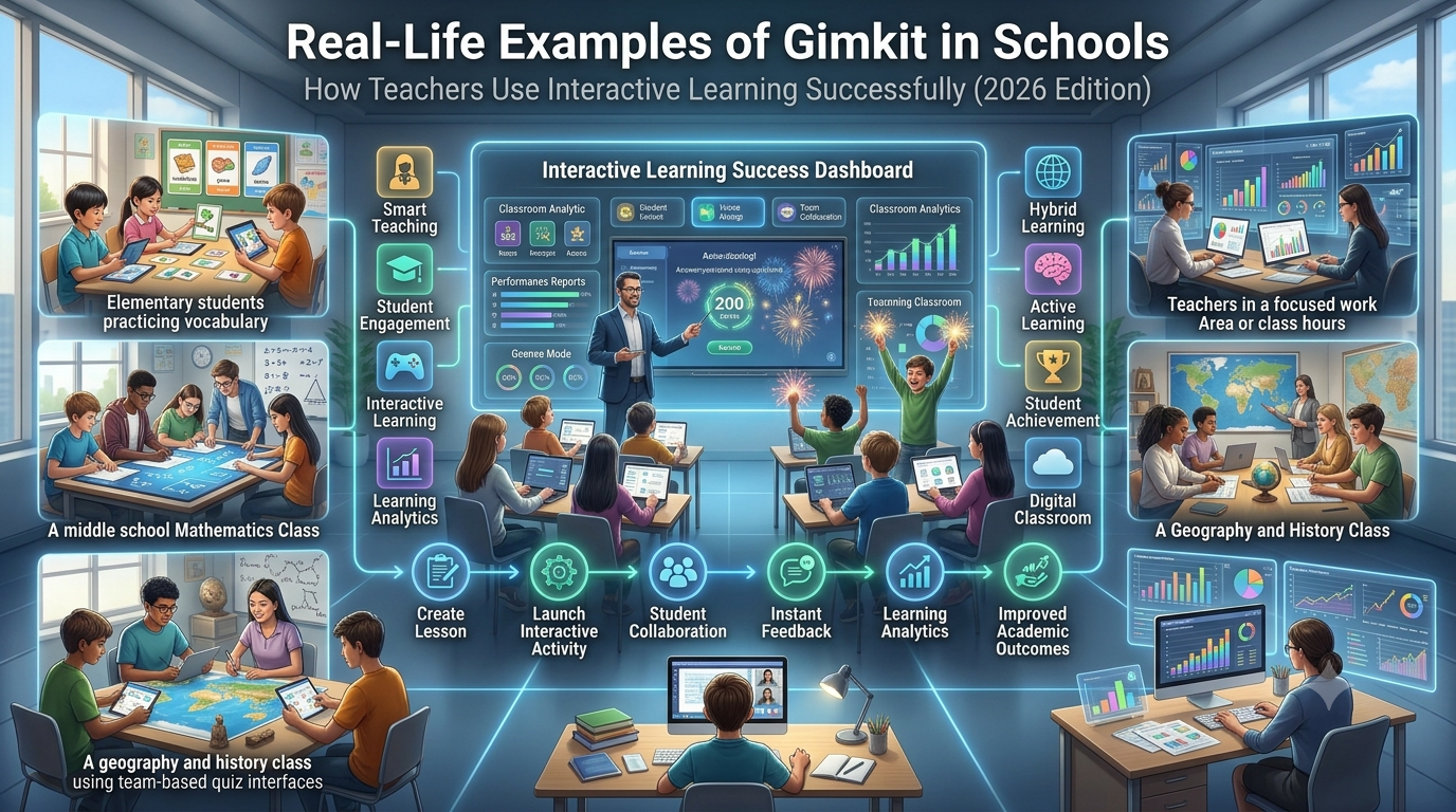 Educational infographic showing teachers using interactive learning activities in elementary, middle, and high school classrooms with students collaborating on digital devices, participating in educational games, and reviewing performance through classroom analytics.Real-Life Examples of Gimkit in Schools: Classroom Success Stories & Teaching Ideas (2026)