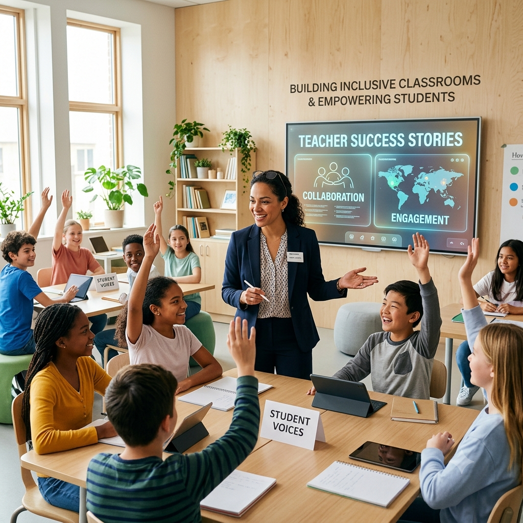 Premium square editorial image featuring an inspiring teacher leading an interactive classroom with confident students, collaborative learning, and modern educational technology representing teacher success stories.Teacher Success Stories Full Guide: Inspiring Educators Creating Lasting Student Success