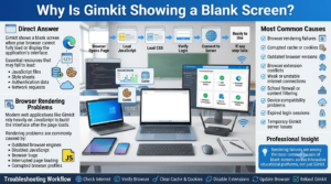 A professional educational technology infographic explaining why Gimkit shows a blank screen, including browser rendering, JavaScript loading, cache, cookies, server communication, and troubleshooting workflow.