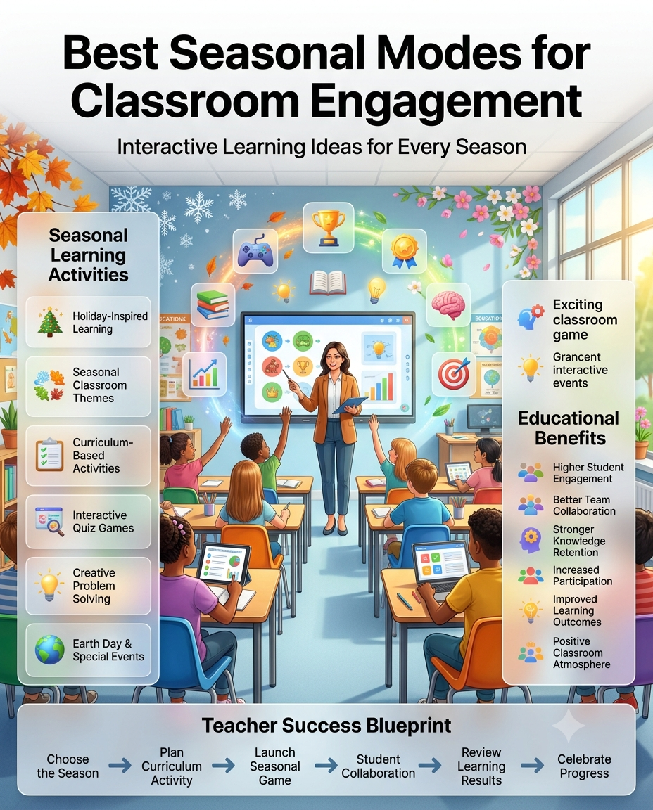 Best Seasonal Modes for Classroom Engagement infographic showing a modern classroom with seasonal learning activities, interactive quizzes, student collaboration, teacher strategies, and year-round educational engagement.Best Seasonal Modes for Classroom Engagement | Complete Teacher Guide