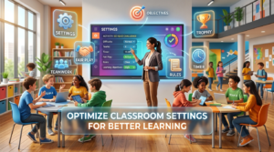 Premium 16:9 educational banner showing a teacher organizing classroom game settings with balanced student teams, smart seating layouts, interactive quiz dashboard, classroom rules board, timer, collaboration icons, and learning objective graphics.