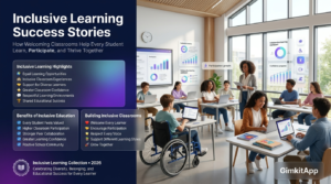 Premium editorial website hero banner featuring an inclusive Gimkit classroom with diverse students, accessible learning environments, collaborative participation, and elegant infographic panels highlighting inclusive learning success stories.