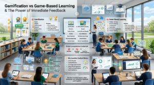 Educational infographic comparing gamification and game-based learning while illustrating how immediate feedback improves student engagement and learning outcomes.