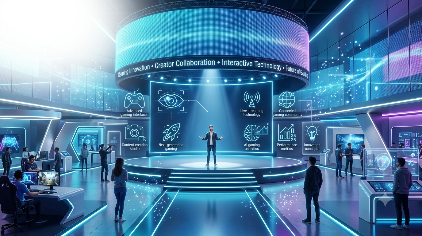 Futuristic gaming setup showcasing AI gaming, cloud gaming, VR, AR, esports, live streaming, cross-platform multiplayer, and next-generation gaming technologies.Tommy Jacobs Gaming EyeXcon-New 2026