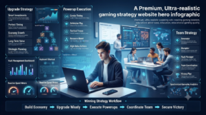 Premium educational gaming infographic showing advanced Gimkit upgrade timing, tactical powerup execution, team coordination, and competitive classroom strategy.