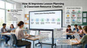 Which AI Education Tool Is Better for Teachers?Teacher using AI to generate lesson plans, classroom activities, assessments, worksheets, and educational resources in a modern smart classroom.
