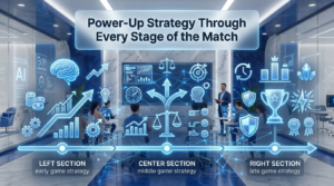 Premium 16:9 educational gaming hero banner showing students adapting their power-up strategy across the early, middle, and late stages of a competitive classroom match with a futuristic timeline, leaderboard, tactical planning, and smart classroom technology.