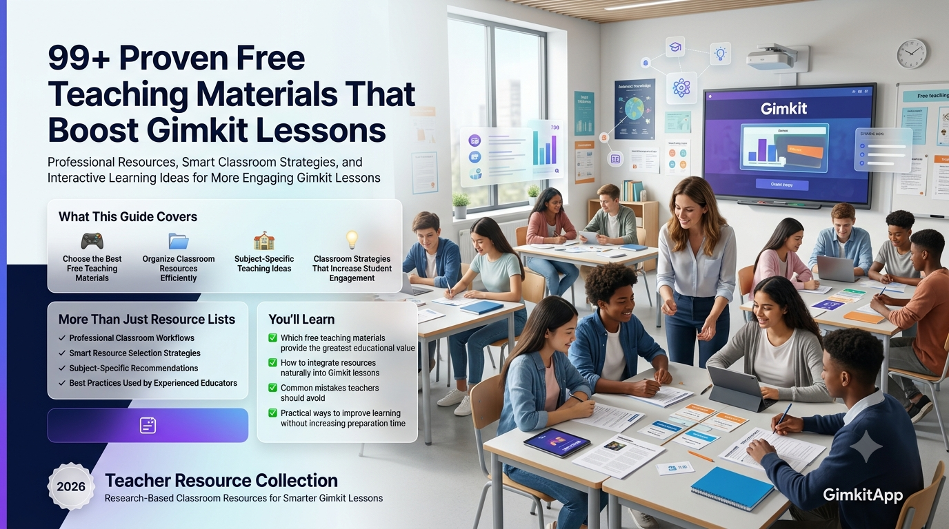 Premium editorial website hero banner featuring a teacher using free teaching materials with Gimkit in a modern smart classroom, showing interactive quizzes, worksheets, digital resources, collaborative learning, and professional infographic panels explaining how free classroom resources improve student engagement.99+ Proven Free Teaching Materials That Boost Gimkit Lessons (2026 Guide)