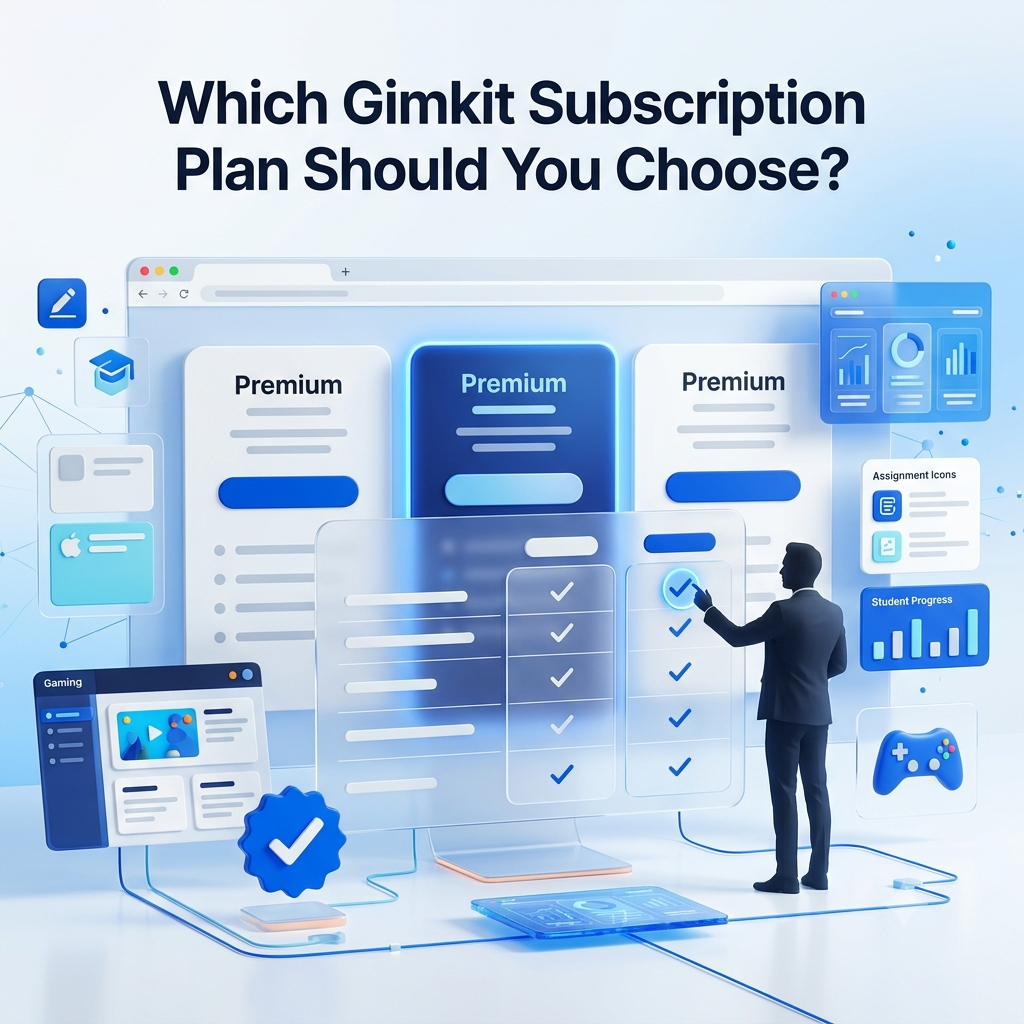 Premium 1:1 illustration featuring stacked subscription plans, a pricing comparison board, classroom dashboard, teacher silhouette, and a glowing blue checkmark representing choosing the best Gimkit subscription plan.Which Gimkit Subscription Plan Should You Choose?
