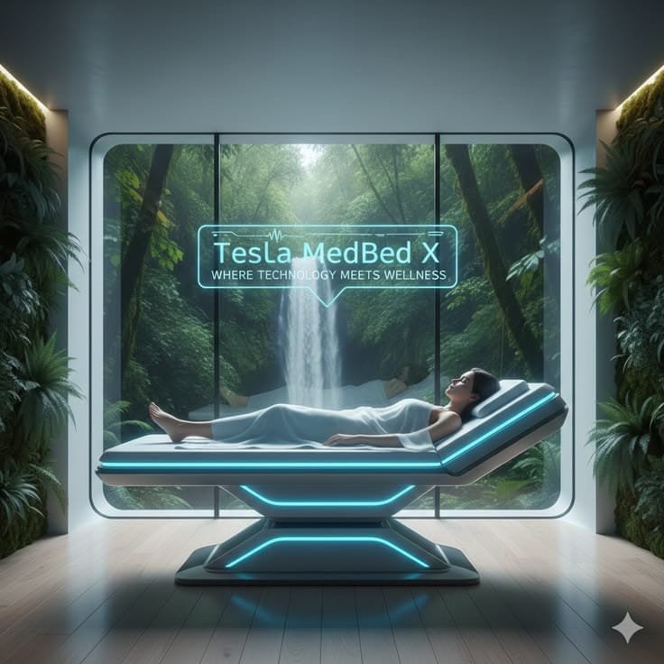 Tesla MedBed X futuristic wellness bed in a modern nature-inspired room with a waterfall view and glowing blue medical technology design.