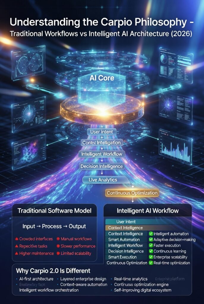 Modern vertical infographic showing the Carpio 2.0 layered AI workflow architecture compared with traditional software, highlighting automation, optimization, analytics, and intelligent decision-making.