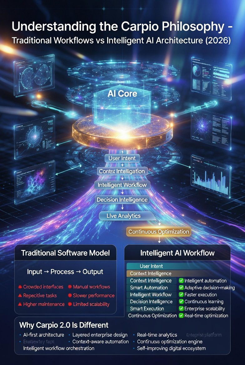 Modern vertical infographic showing the Carpio 2.0 layered AI workflow architecture compared with traditional software, highlighting automation, optimization, analytics, and intelligent decision-making.