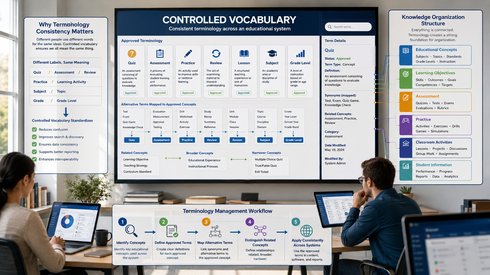 Realistic Gimkit controlled vocabulary infographic showing standardized educational terms, approved concepts, alternative labels, and connected knowledge organization.What Is a Controlled Vocabulary? A controlled vocabulary is a deliberately maintained set of approved terms