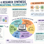 Research synthesis in educational technology infographic showing systematic reviews, meta-analysis, evidence evaluation, implementation, teacher use, student activities, and research outcomes.What Is Research Synthesis in Educational Technology? Deep Expert Guide