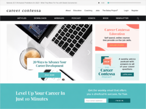 Career Contessa website featuring career development articles, education, coaching, and podcast resources