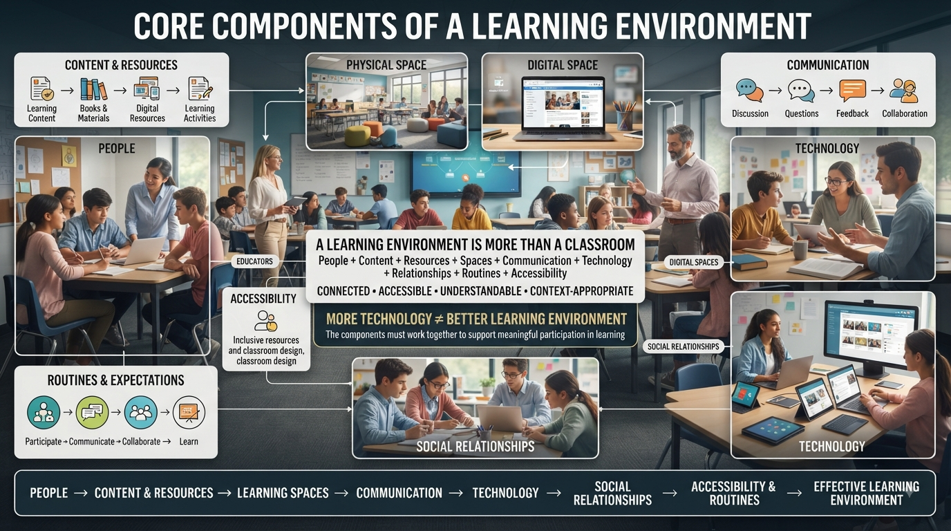 Realistic learning environment infographic showing students, educators, digital tools, resources, communication, accessibility, and learning spaces.Core Components of a Learning Environment: Complete Guide