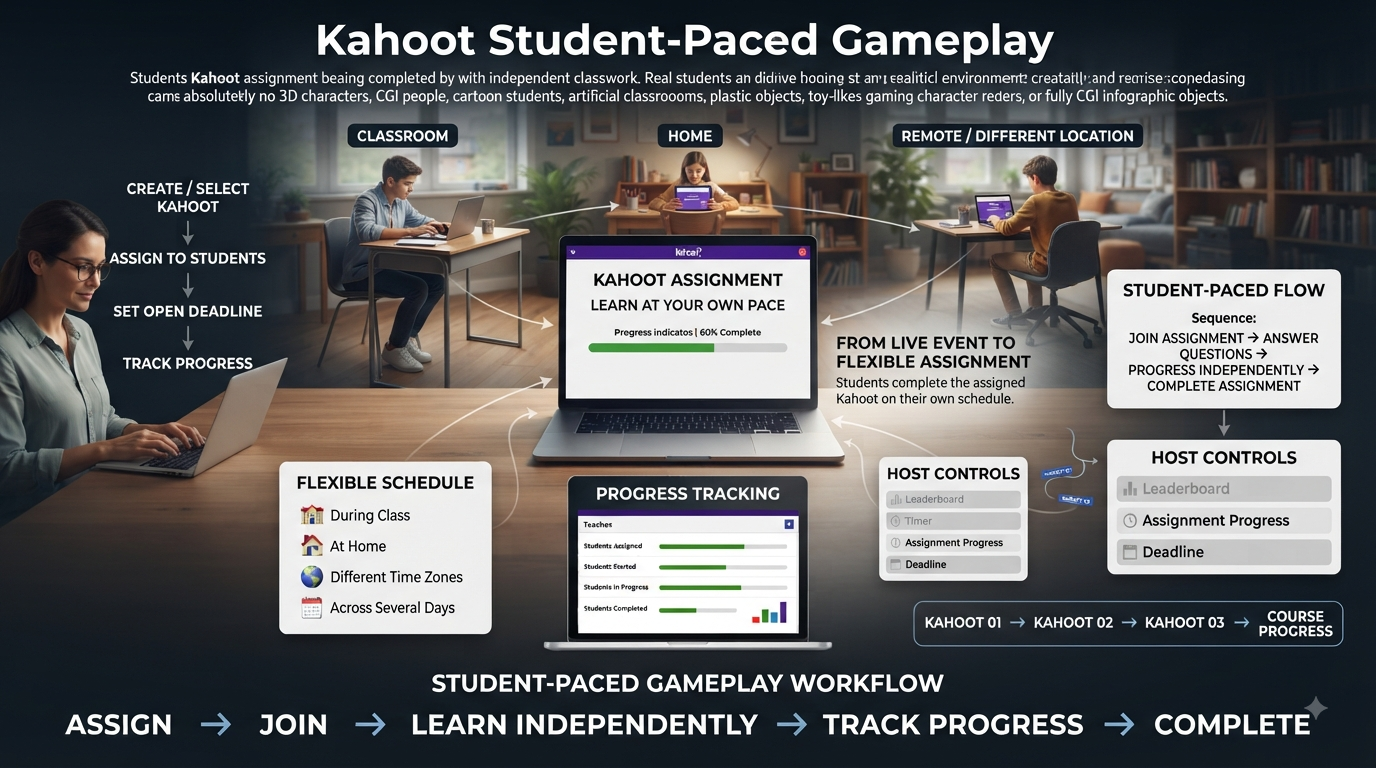 Realistic Kahoot Student-Paced infographic showing self-paced assignments, student devices, progress tracking, deadlines, and learning at home or school.Kahoot Student-Paced Gameplay: Complete Self-Paced Guide