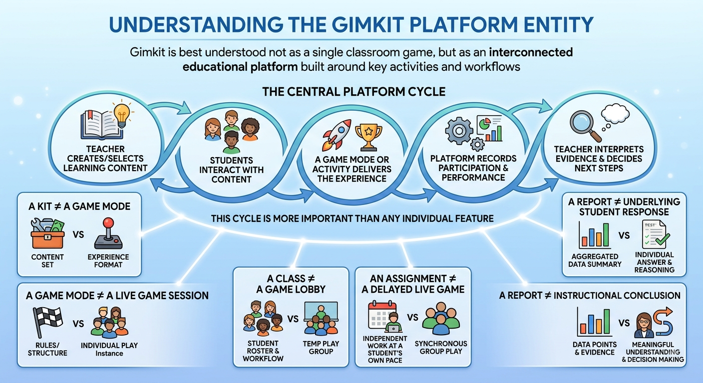Realistic Gimkit platform infographic showing teachers, Kits, game modes, live games, classes, assignments, reports, and student performance.Understanding the Gimkit Platform Entity: Complete System Guide