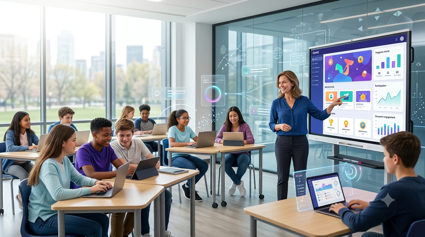 Teacher using an interactive digital classroom dashboard while students actively participate in collaborative and independent learning activities, illustrating classroom automation with modern educational technology.Automating Your Classroom with Gimkit – Smart Teaching Workflow Hero Image