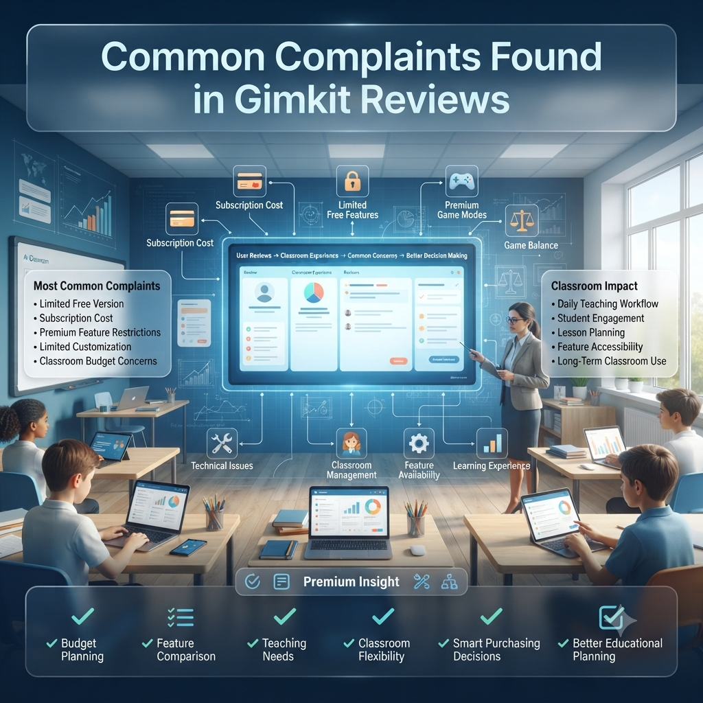 Premium square infographic illustrating common complaints found in Gimkit reviews, featuring a teacher reviewing educational software feedback with classroom technology, subscription concerns, feature limitations, and teaching workflow comparisons.Common Complaints Found in Gimkit Reviews