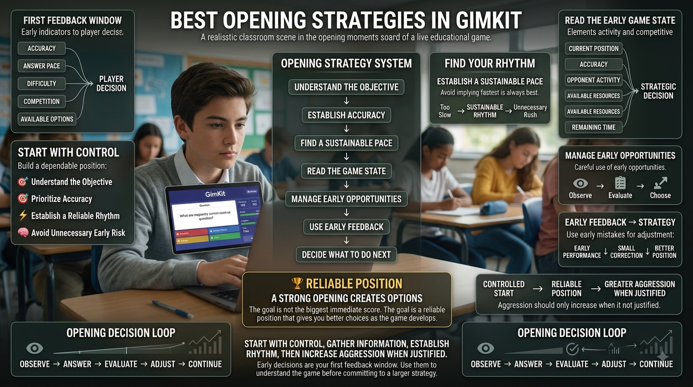 Best Opening Strategies in Gimkit | Latest Guide Realistic Gimkit opening strategy infographic showing early questions, accuracy, pace, game state, resources, and strategic decision-making.Best Opening Strategies in Gimkit: Smart Start Guide