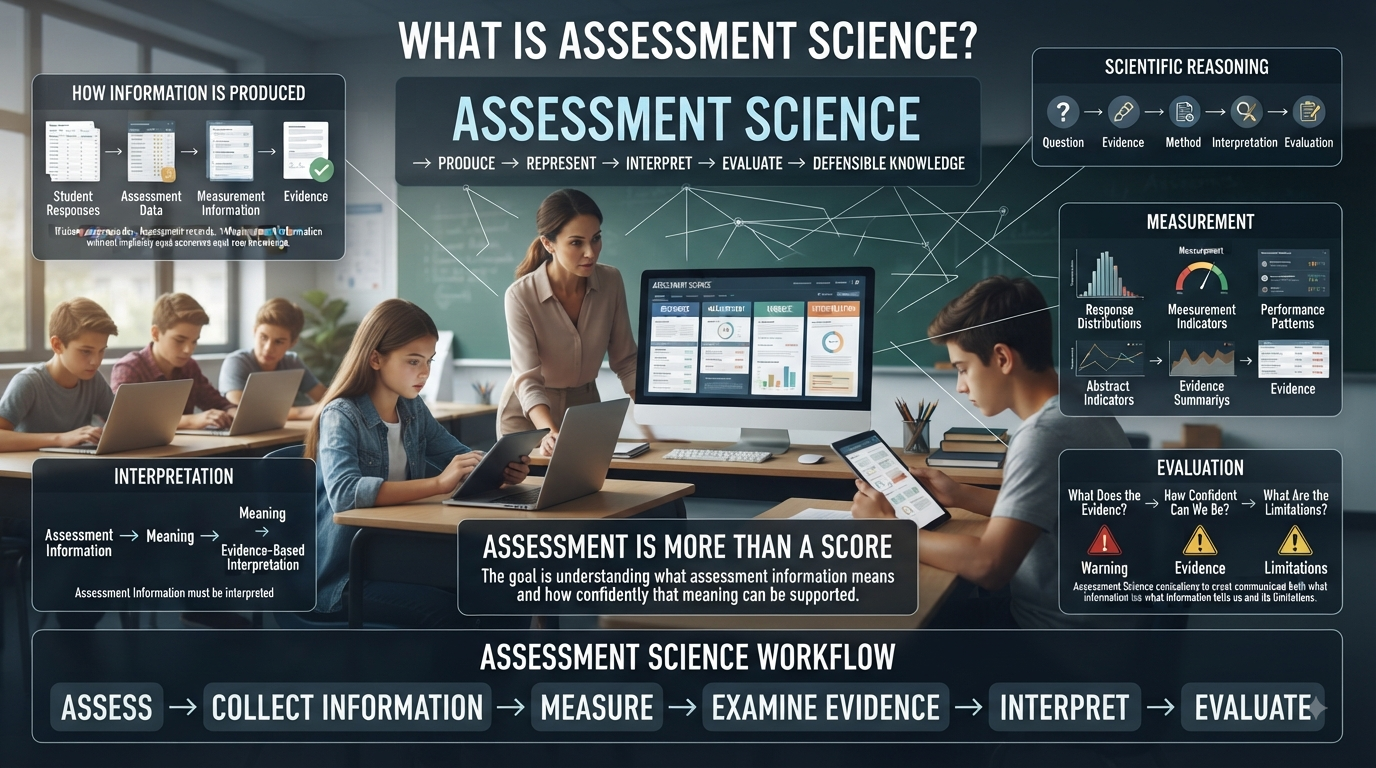 Realistic Assessment Science infographic showing assessment data, measurement, evidence, interpretation, evaluation, and scientific reasoning.Assessment Science Explained: Evidence, Measurement & Interpretation.What Is Assessment Science? Latest Over view