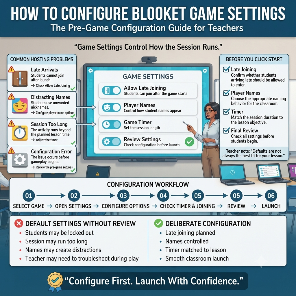 Blooket game settings infographic showing late joining, nicknames, timers, and pre-game configuration options for teachers.How to Configure Blooket Game Settings: Teacher Guide