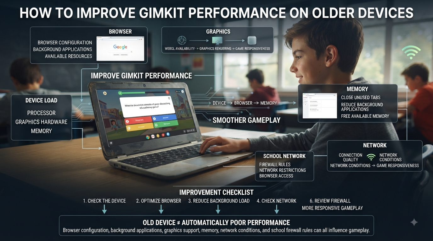 Realistic Gimkit performance infographic showing an older Chromebook, browser optimization, WebGL, memory, network, and smoother gameplay.Improve Gimkit Performance on Older Devices: Practical Guide.How to Improve Gimkit Performance on Older Devices | Latest Guide