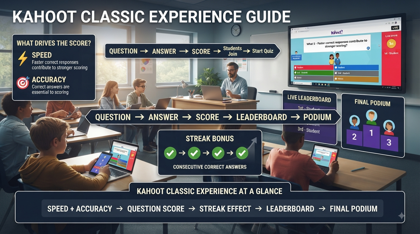 Realistic Kahoot Classic classroom infographic showing quiz scoring, speed, accuracy, streaks, leaderboard rankings, and winner podium.Kahoot Classic Experience Guide: Scoring & Gameplay Explained
