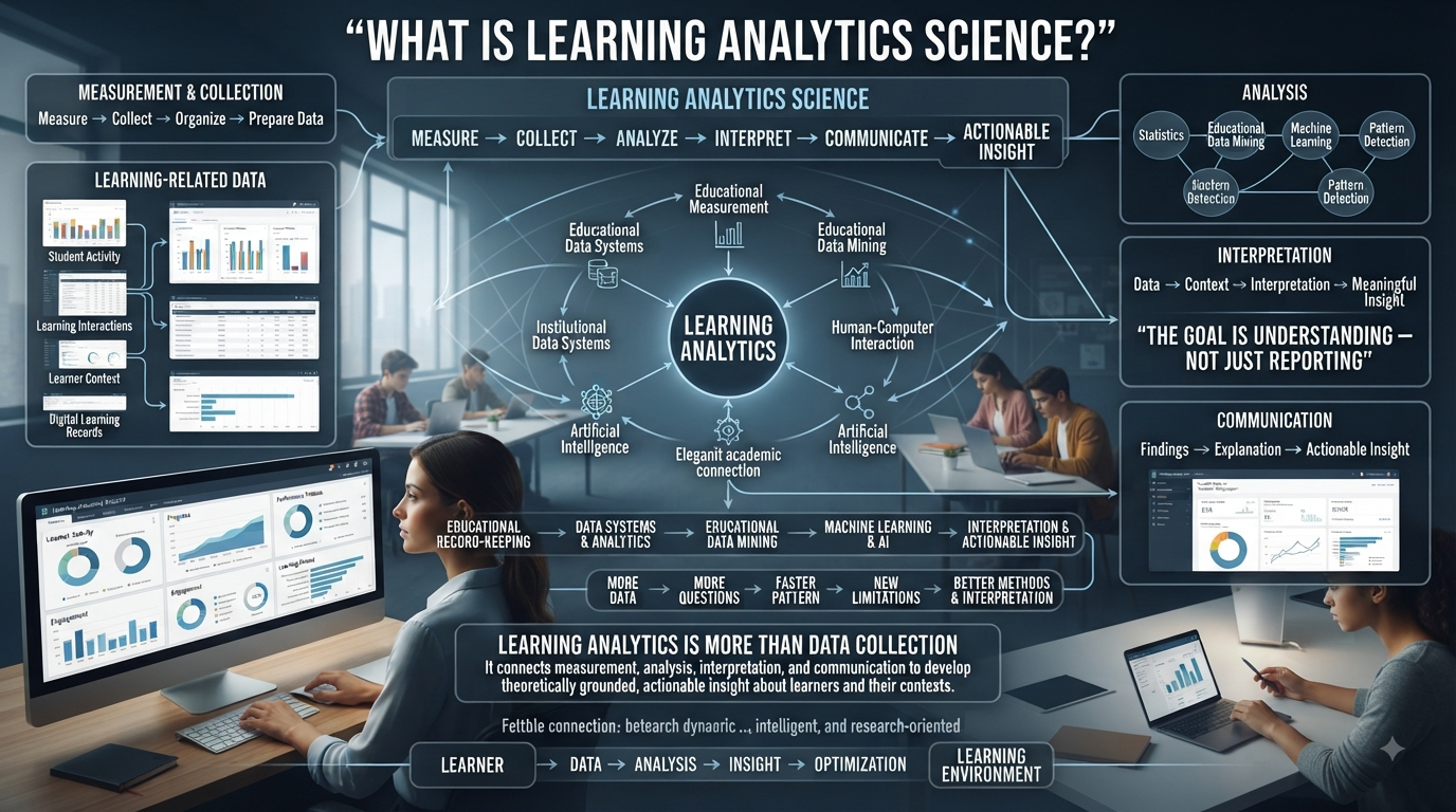 Realistic Learning Analytics Science infographic showing learner data, analytics dashboards, interpretation, educational insights, and AI-driven analysis.What Is Learning Analytics Science? Data, Insight & Learning