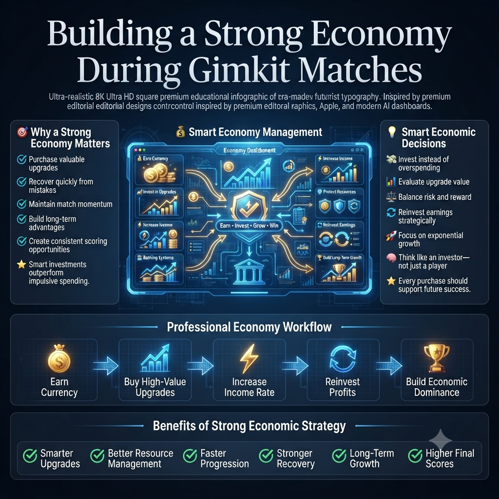 Professional square infographic illustrating how to build a strong in-game economy during Gimkit matches through smart upgrades, strategic investing, resource management, economic growth, and long-term gameplay decisions.Building a Strong Economy During Matches | Latest Guide