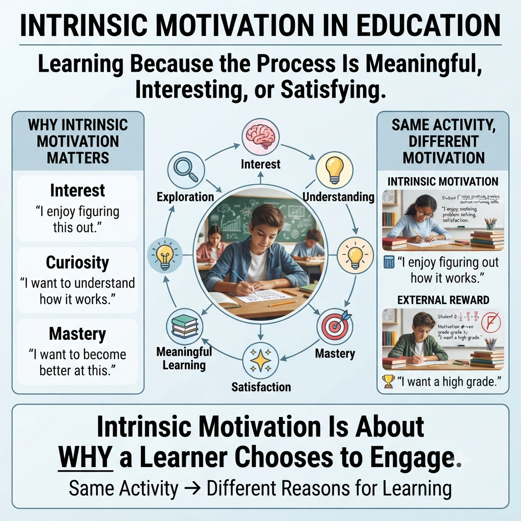 Intrinsic motivation infographic showing students learning through interest, curiosity, mastery, satisfaction, and meaningful educational experiences.Intrinsic Motivation in Education: Interest, Learning & Mastery.Intrinsic Motivation in Educational Settings
