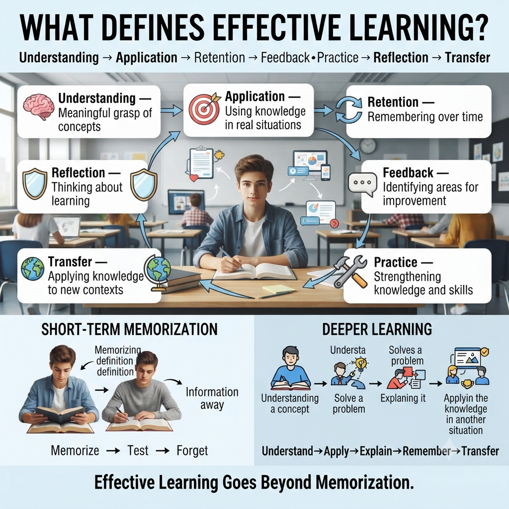 Effective learning infographic showing understanding, application, retention, feedback, practice, reflection, and knowledge transfer.What Defines Effective Learning? Latest Guide