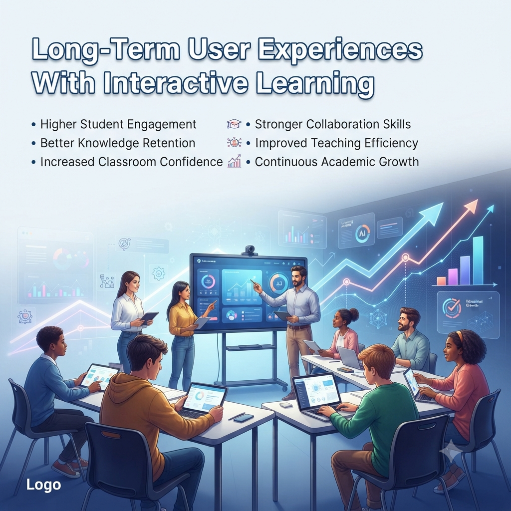 Students and a teacher participating in an interactive smart classroom, illustrating long-term learning growth, classroom engagement, collaboration, educational technology, and academic progress through AI-powered learning analytics.Long-Term User Experiences With Interactive Learning: Lasting Classroom Growth