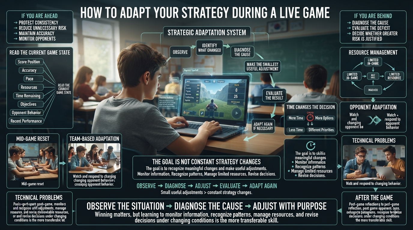How to Adapt Your Strategy During a Live Game | Latest Guide Realistic Gimkit live game infographic showing score changes, accuracy, resources, time, opponents, and adaptive strategy decisions.How to Adapt Your Strategy During a Live Game: Smart Play