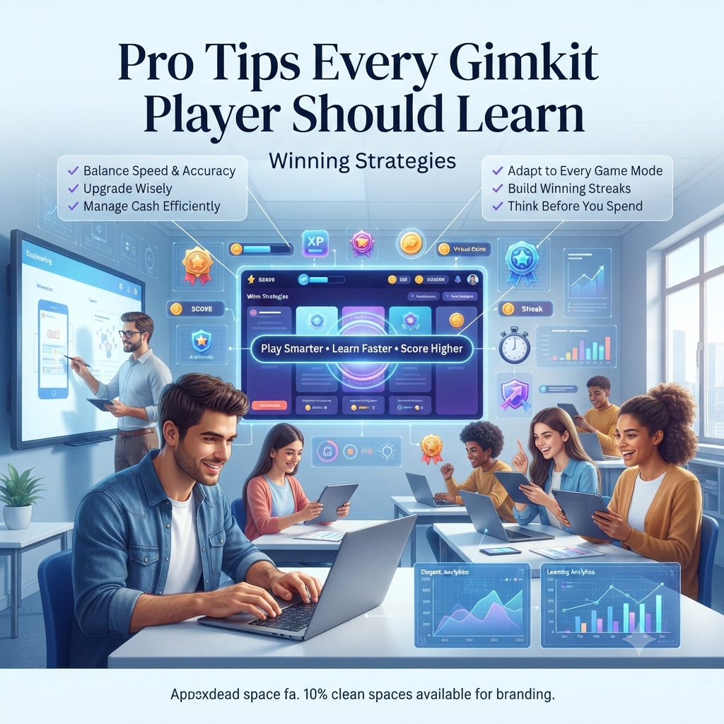 Students using an interactive educational quiz platform in a smart classroom, highlighting strategic gameplay tips, score progression, upgrades, learning analytics, and classroom engagement.Pro Tips Every Gimkit Player Should Learn: Smart Strategies for Higher Scores