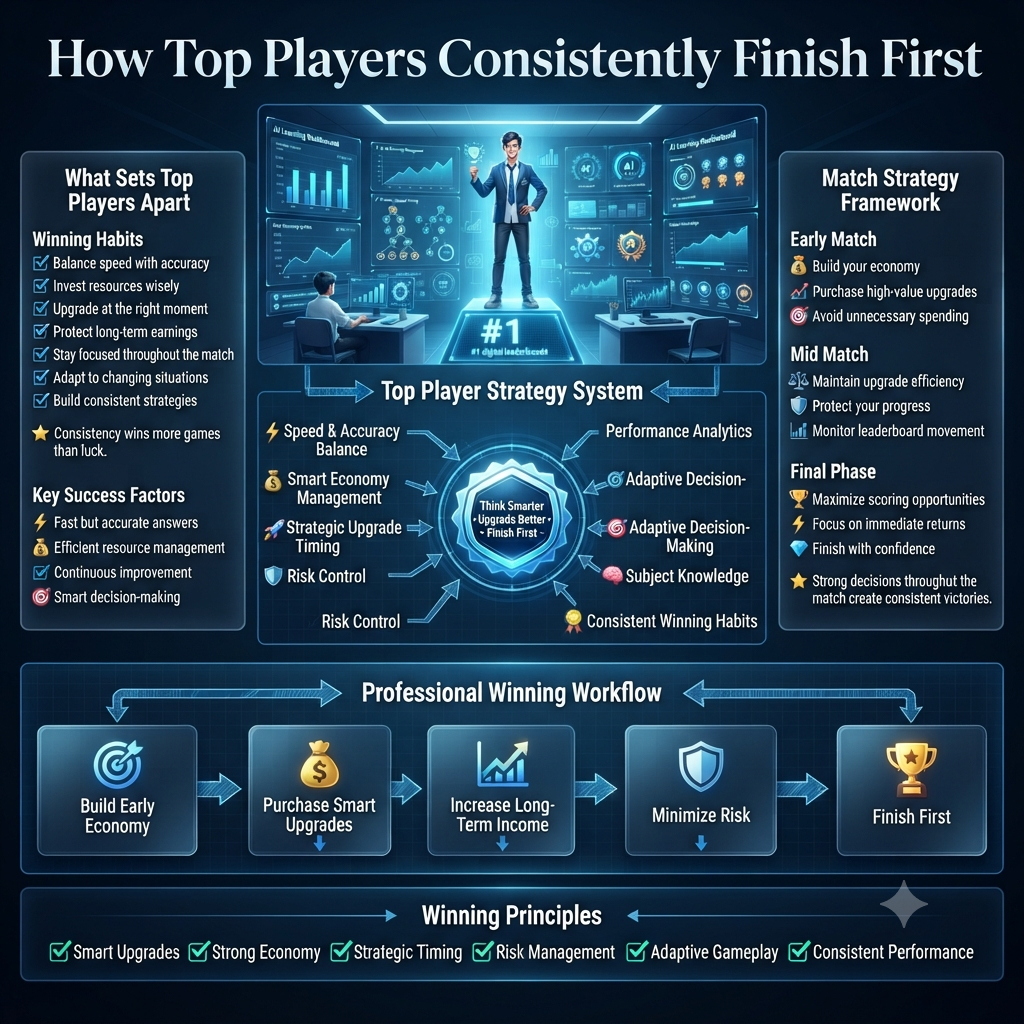 Premium educational infographic showing advanced Gimkit winning strategies, smart upgrade timing, economy management, risk control, adaptive gameplay, and top player habits in a modern futuristic classroom.How Top Players Consistently Finish First in Gimkit Strategy Guide