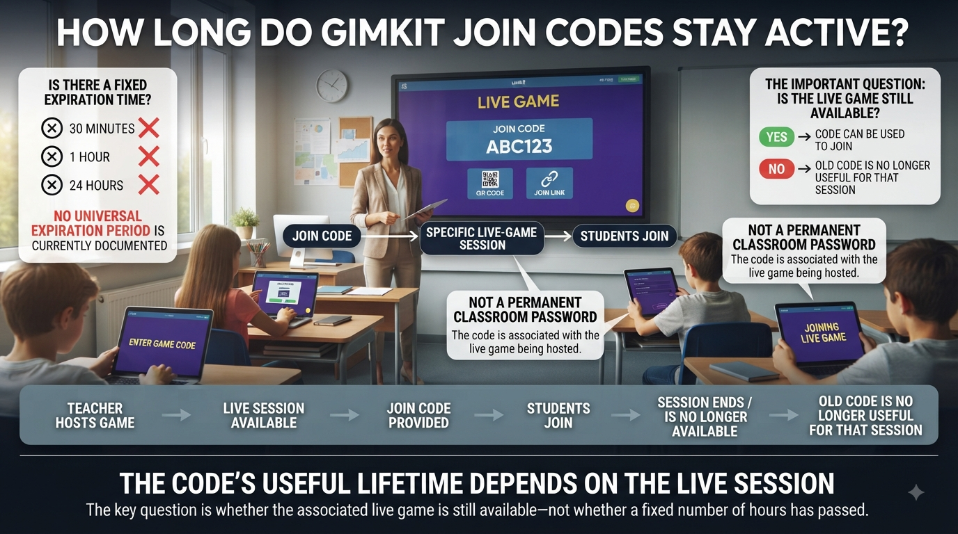 Realistic Gimkit join code infographic showing a live game session, student joining, QR code, and session-based code availability.How Long Do Gimkit Join Codes Stay Active? Complete Guide