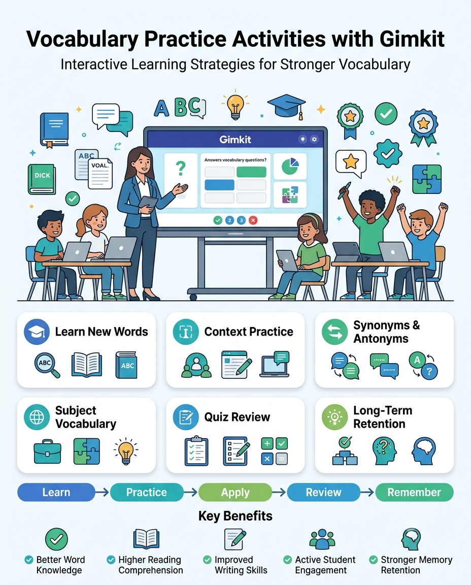 Vocabulary practice activities with Gimkit infographic showing a teacher guiding students through interactive vocabulary games, contextual learning, synonyms, antonyms, quiz review, and long-term word retention.Vocabulary Practice Activities with Gimkit Infographic for Interactive Vocabulary Learning