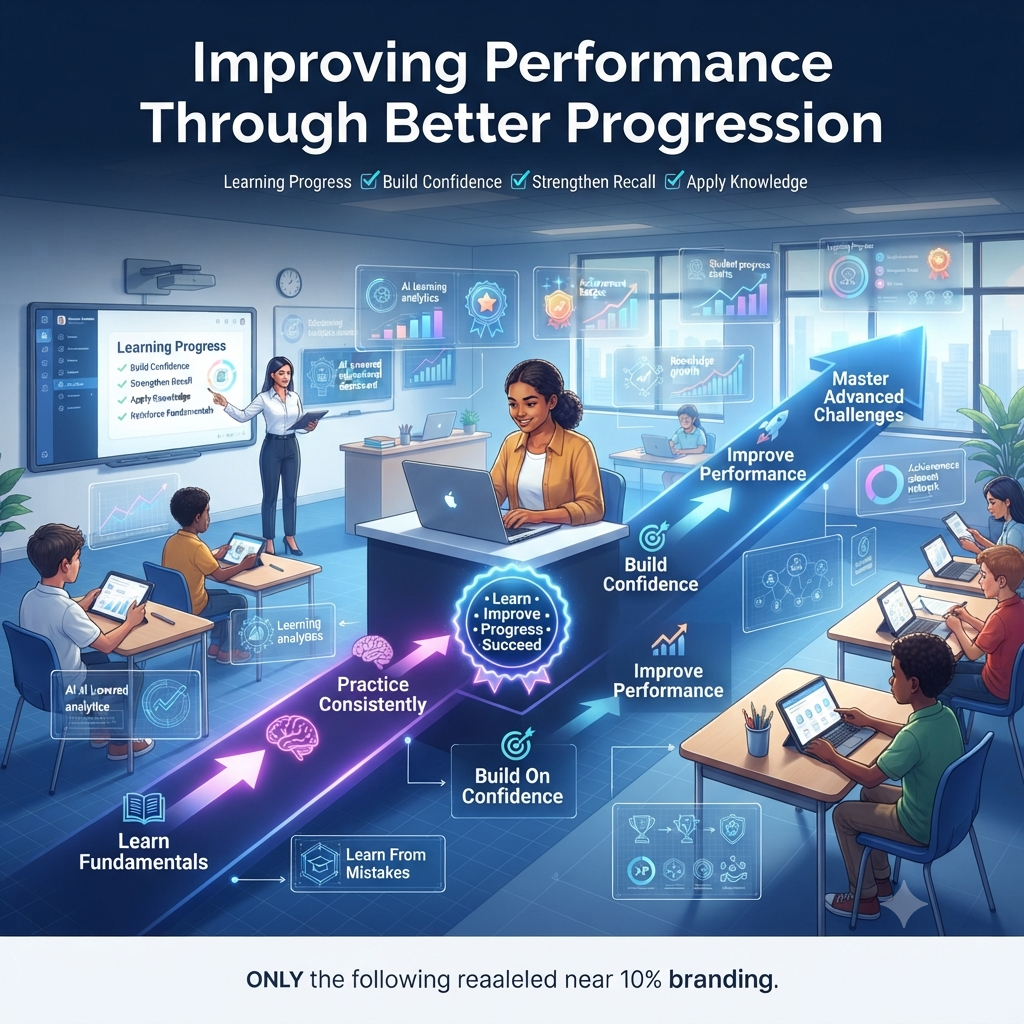 Modern smart classroom infographic showing students progressing through structured learning stages with AI-powered analytics, achievement milestones, performance tracking, and continuous academic improvement.Improving Performance Through Better Progression: A Smarter Learning Journey