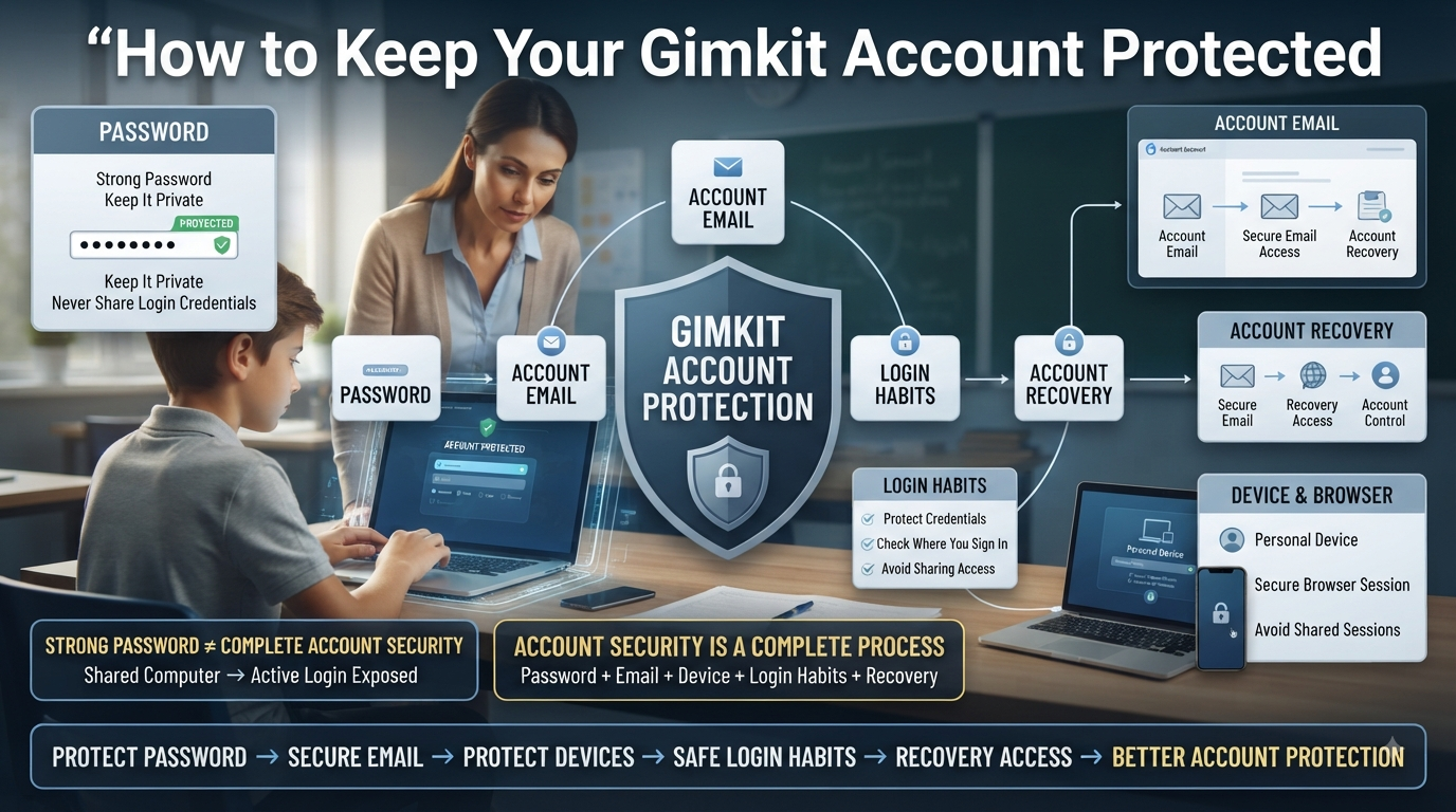 Realistic Gimkit account security infographic showing password protection, email security, device safety, login habits, and account recovery.How to Keep Your Gimkit Account Protected: Security Guide