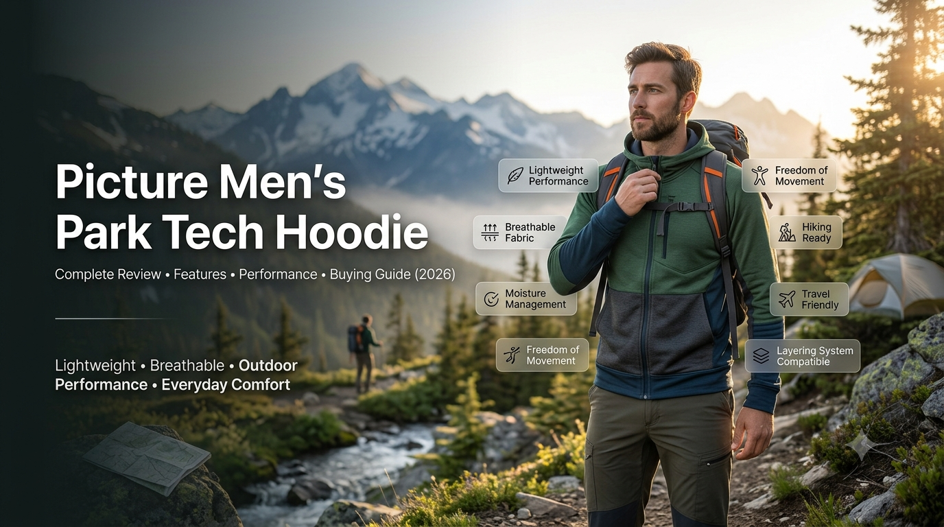 Outdoor adventurer wearing a technical performance hoodie while hiking through a scenic mountain trail during sunrise.picture men's park tech hoodie
