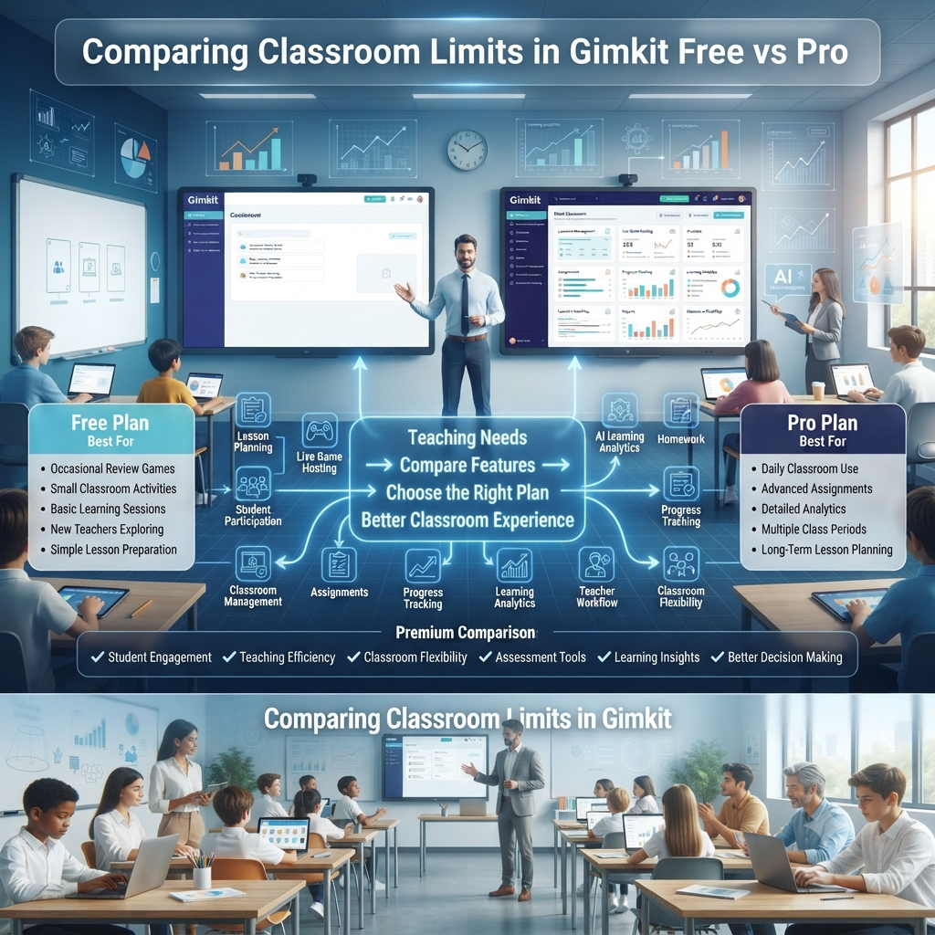 Premium square infographic comparing classroom limits in Gimkit Free vs Pro, featuring a teacher evaluating two educational dashboards with classroom management, lesson planning, analytics, and student engagement features.Comparing Classroom Limits in Gimkit Free vs Pro