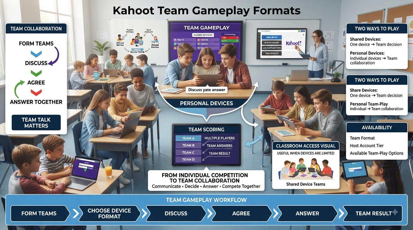 Realistic Kahoot team gameplay infographic showing shared devices, personal devices, team discussion, collaboration, and group scoring.Kahoot Team Gameplay Formats: Shared & Personal Devices Guide
