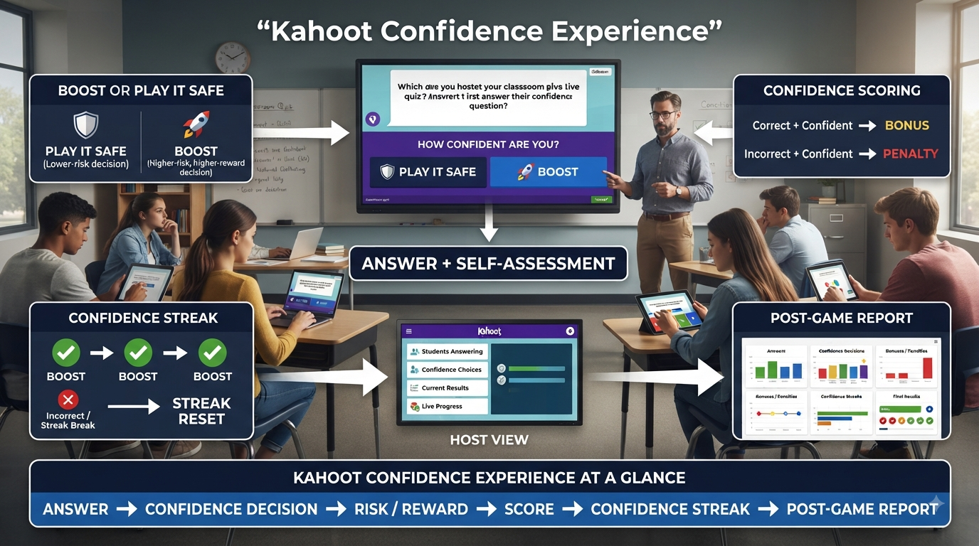 Realistic Kahoot Confidence Experience infographic showing answer choices, confidence decisions, risk and reward, streaks, and results.Kahoot Confidence Experience: Strategy, Risk & Scoring Guide